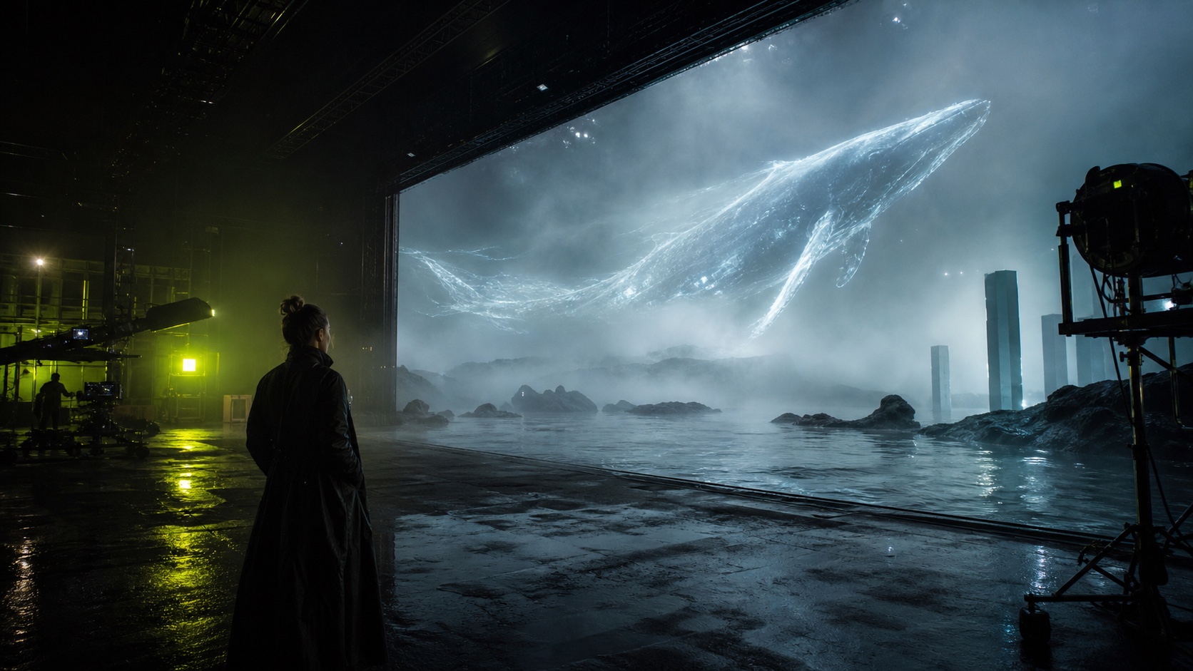 Original concept still: A filmmaker enters a rain-soaked virtual soundstage as a luminous whale passes through architectural fog, wide anamorphic tracking shot.